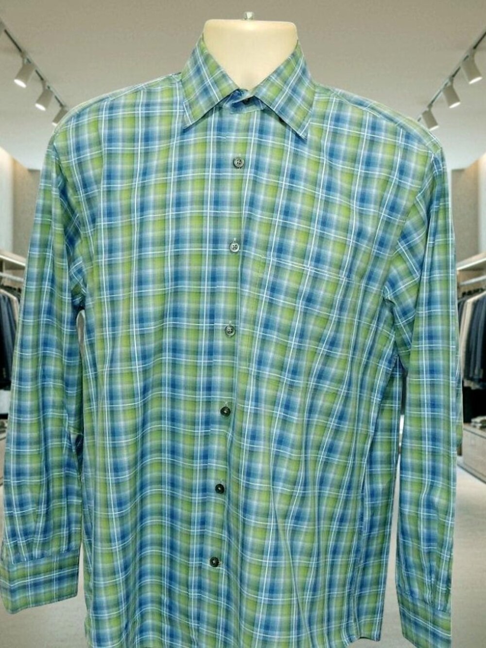 ROBERT TALBOTT Stunning Green Blue White Checks Men's Long Sleeves Shirt Sz M
